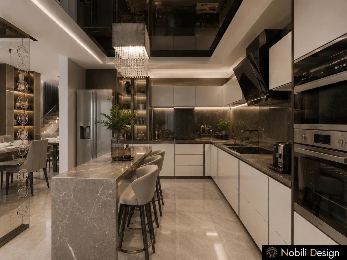 Design interior premium bucatarie pentru casa moderna cu etaj Bucuresti, vizualizare de interior, Nobili Interior Design