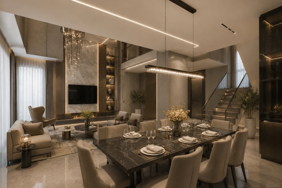 Concept de design interior zona dining pentru casa moderna cu etaj Bucuresti, randare din proiect, Nobili Interior Design