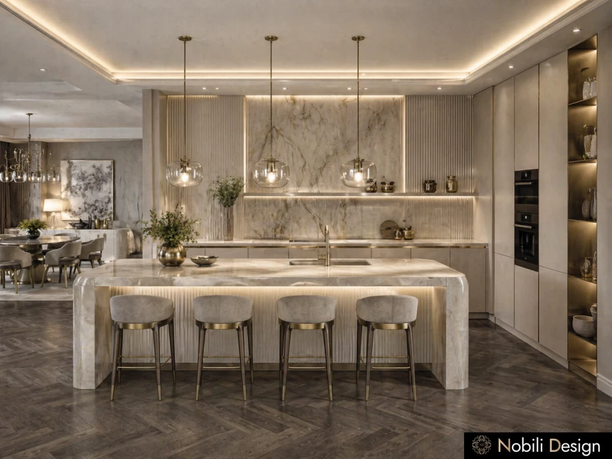Design interior premium bucatarie pentru Casa Moderna cu Living si Dining, vizualizare de interior, Nobili Interior Design